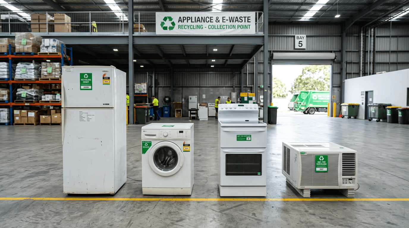 Geladeiras e eletrodomésticos organizados para coleta e reciclagem