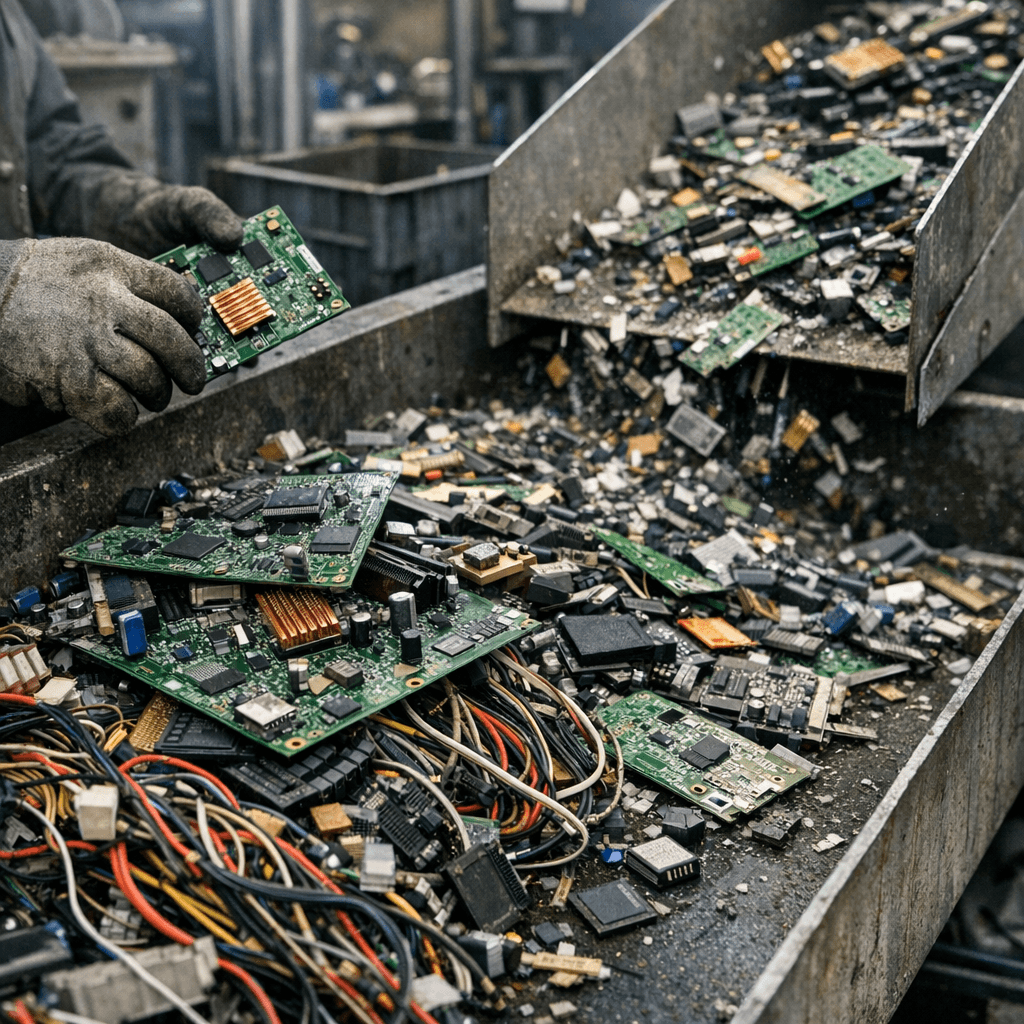 Componentes eletrônicos como placas de circuito e processadores organizados para triagem e reciclagem