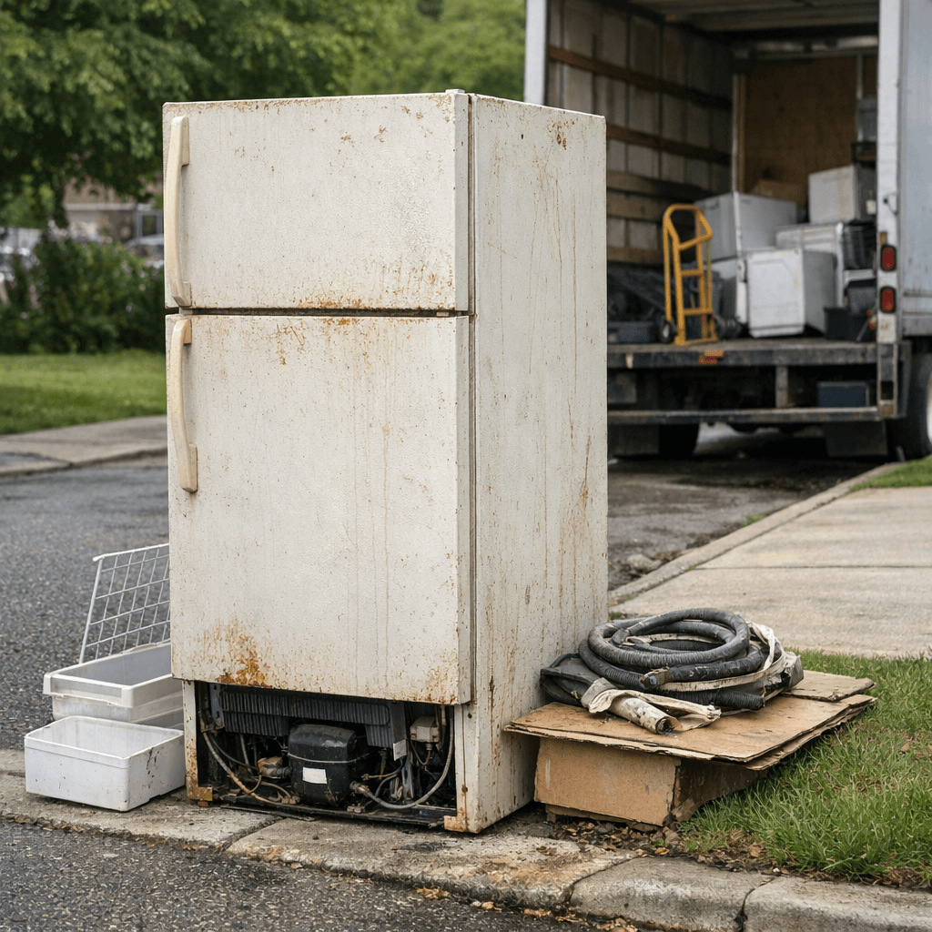 Geladeiras e eletrodomésticos de grande porte aguardando coleta para reciclagem adequada