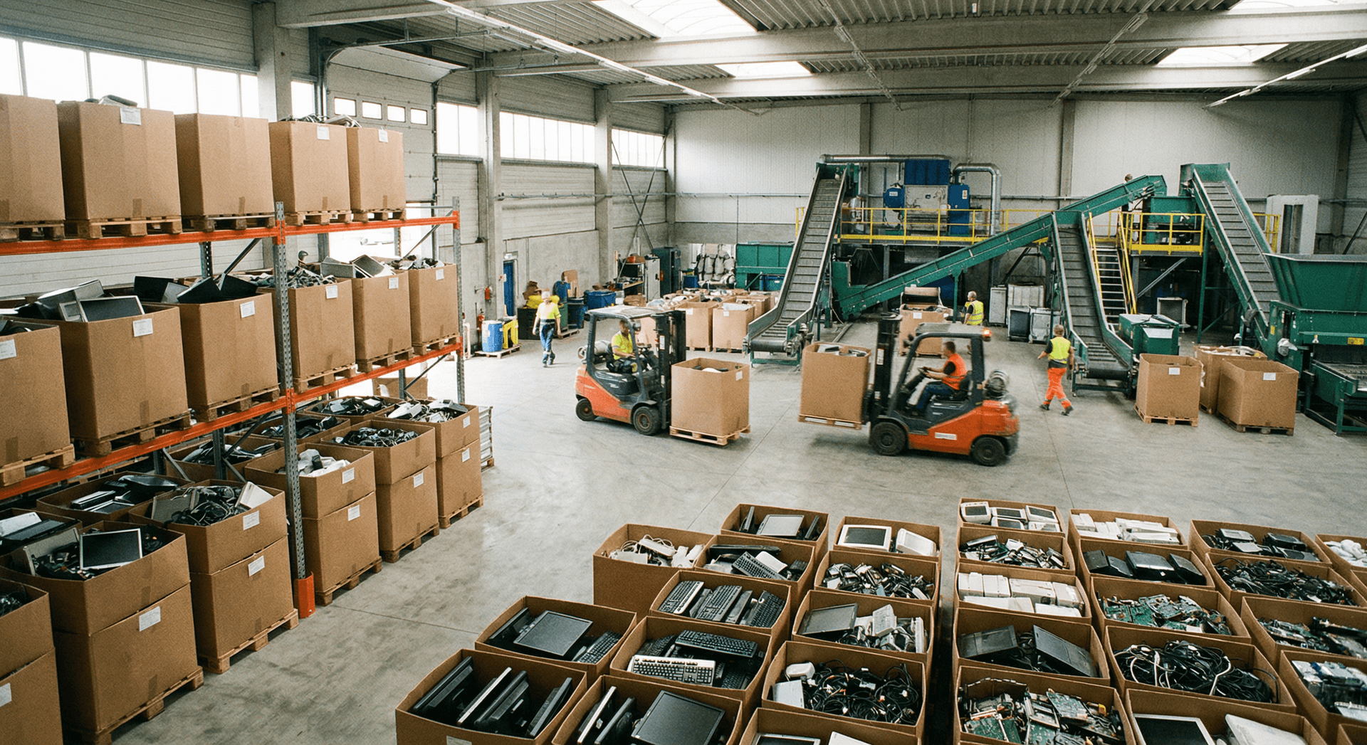 Armazém de logística reversa com prateleiras organizadas e paletes de materiais para processamento